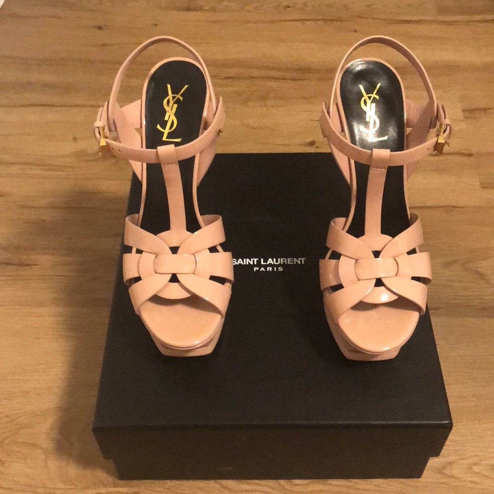 YSL Tribute Patent Leather 105mm Sandals with gold
